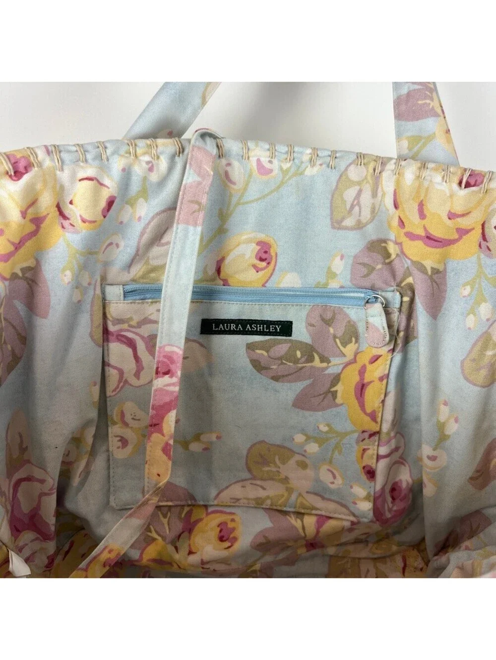 Laura Ashley Floral Lined Straw Tote Beach Bag Large Woven Shopper NWT